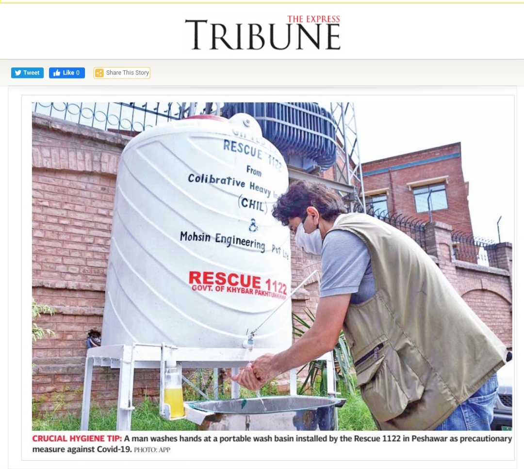 Wash basin instatlled by rescue 1122 at Peshawar as precautionay measures against Coronavirus.